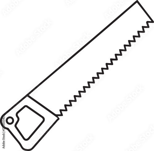 A minimalist black and white illustration of a classic hand saw with a wooden handle and serrated metal blade