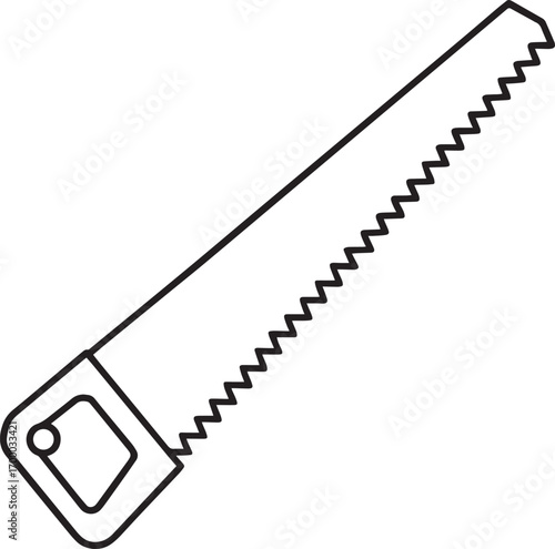 A minimalist black and white illustration of a classic hand saw with a wooden handle and serrated metal blade