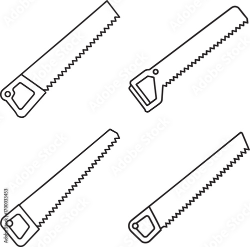 Set of A minimalist black and white illustration of a classic hand saw with a wooden handle and serrated metal blade