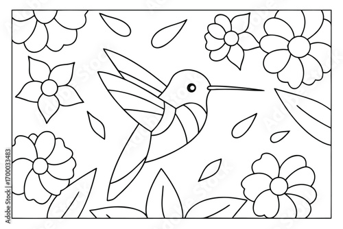 Outline drawing of a hummingbird flying among flowers and leaves for coloring page