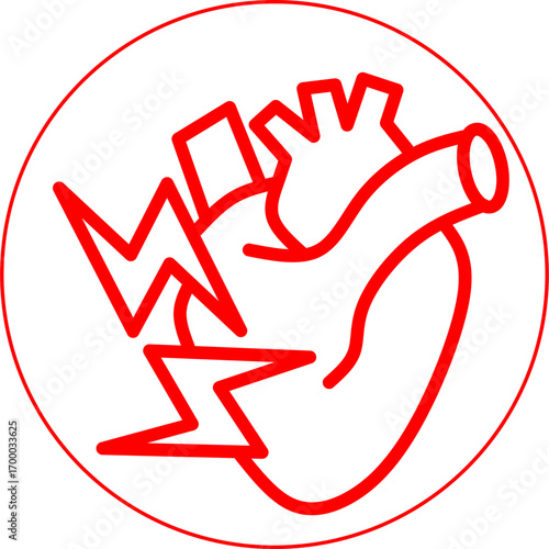 Red icon of a human heart with lightning bolts, symbolizing chest pain, heart attack, cardiovascular disease, arrhythmia, medical health risk, and cardiac emergency.
