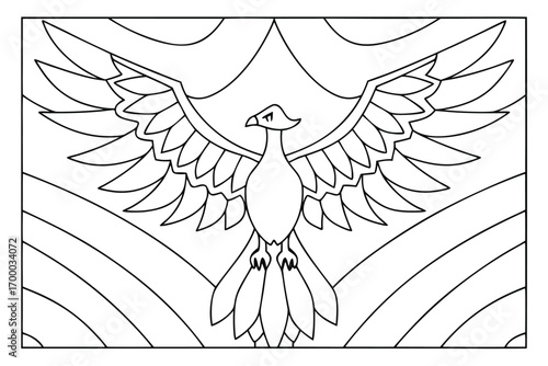 Outline drawing of a phoenix with outstretched wings and a rainbow background for coloring bird coloring page