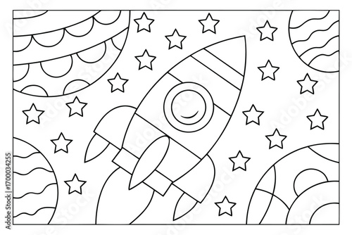 Outline drawing of a rocket ship flying among planets and stars Keywords: rocket, spaceship, outline, stars, planets, space, galaxy, cosmos, coloring