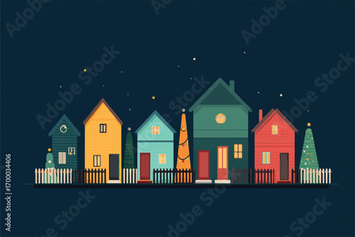 Charming Christmas Village Illustration with Colorful Houses and Decorated Trees under a Starry Sky Illustration