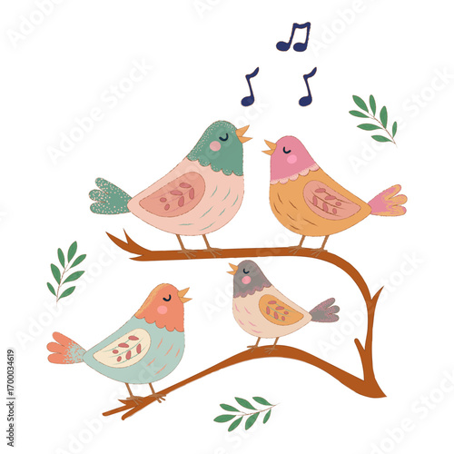 Festive illustration of four colorful birds singing on branches with music symbols, from the holiday song 12 Days of Christmas.