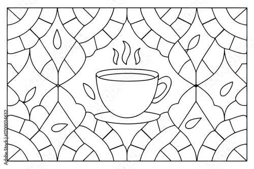 Outline drawing of a steaming cup of coffee on a saucer with decorative geometric background illustration