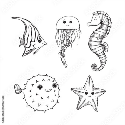 Cartoon Sea Animal drawn in line art style. Sea set. Vector illustration
