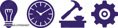 Set of work and productivity icons vector illustration with light bulb clock hammer and gear perfect for innovation repair industry time and mechanical themed designs