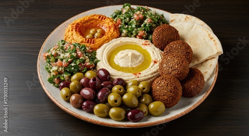 Vibrant Mediterranean Mezze Platter: Hummus, Falafel, Tabbouleh, and Olives
