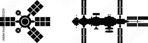 Set of space station silhouettes vector illustration showing detailed orbiting satellites perfect for astronomy science technology outer space and futuristic design projects