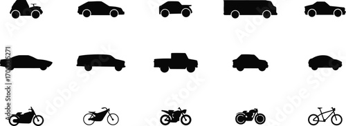 Set of vehicle and bike silhouettes, car motorcycle and bicycle vector icons, transportation and mobility clipart collection