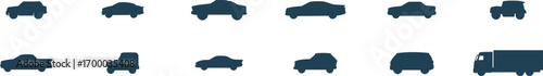 Set of car silhouettes icons, different vehicle shapes collection, simple flat cars vector, transportation symbols for design, automotive clipart pack