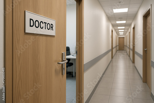 An open door to a doctor's office with a sign, leading into a long, empty, and sterile hospital corridor.