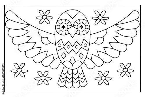 Outline drawing of an owl with spread wings and surrounding flowers bird illustration