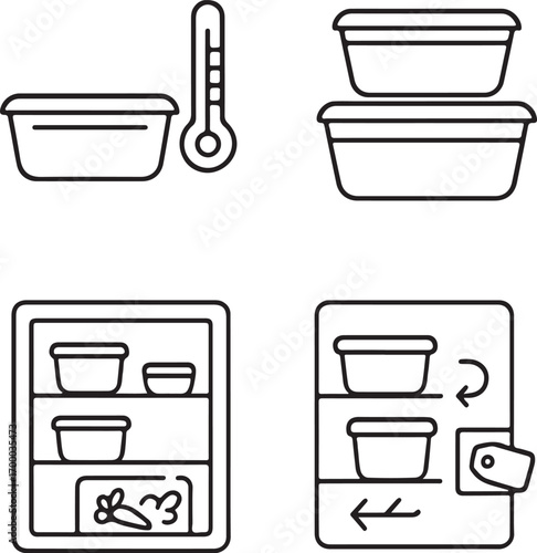 Refrigerator storage and food preservation icons for healthy eating and meal prep designs