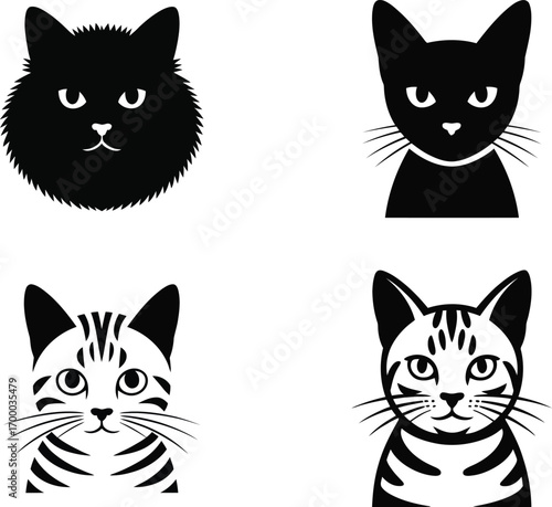 Set of cat face silhouettes vector illustration with different feline expressions perfect for pet animal mascot design logo and cat lover themed creative projects