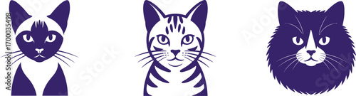 Set of cat face silhouettes, different cat breeds vector icons, feline facial expressions collection, pet animal clipart for design