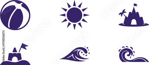Set of summer beach icons vector illustration with sun sandcastle waves and beach ball perfect for vacation travel tropical design and holiday themed creative projects