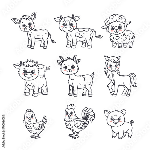 set of funny cartoon farm animals: donkey, cow, horse, sheep, chicken, rooster, pig, rooster, hen, goat, bull in black. Animal in doodle style. Hand drawn vector  illustration 