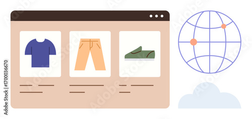 Web browser showing clothing items including a shirt, pants, and shoes. Adjacent globe symbolizing global accessibility and digital shopping. Ideal for e-commerce, retail, fashion, globalization