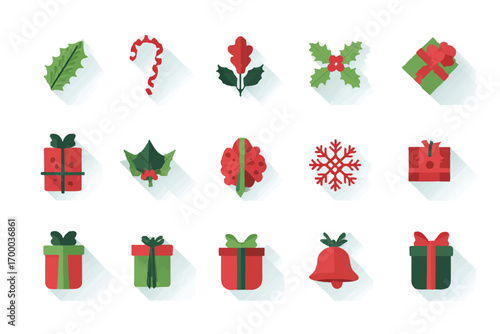 Christmas Decoration Icons Set in Flat Design Style Festive Holiday Elements Collection
