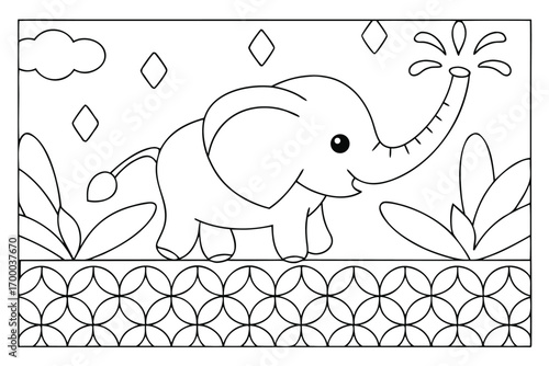 Playful baby elephant with trunk raised, surrounded by plants and abstract patterns cute