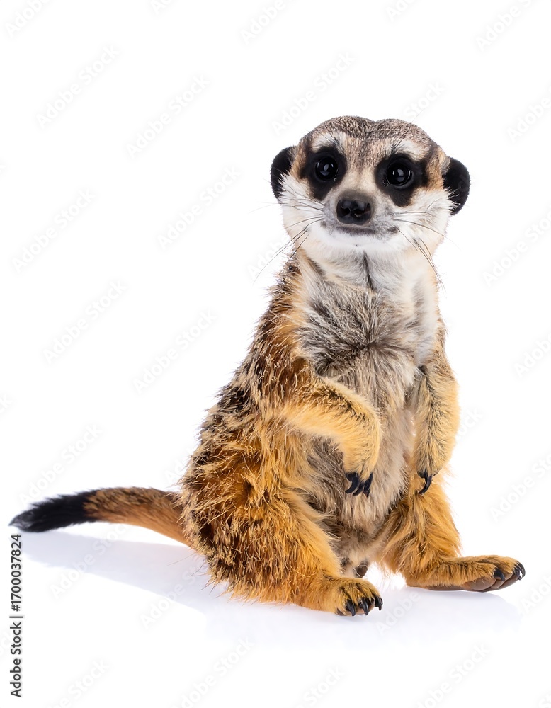 Fototapeta premium A charming meerkat, seated, gazes directly at the viewer, showcasing its expressive features against a pure white background.