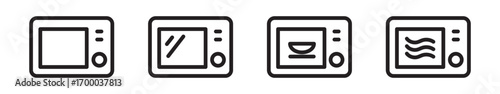 Simple microwave linear icons set with editable stroke. Linear appliance symbols for cooking, heating and kitchen use. Minimal outline design, household electronic oven icon set. 