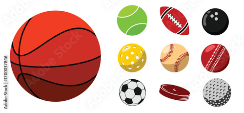 Sports ball set designs in color style. Soccer, tennis, softball, cricket, bowling, rugby, pickleball, hockey, golf and more.