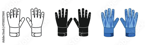 Goalkeeper gloves design set, simple, solid, and colored lines. Editable vector eps 10.