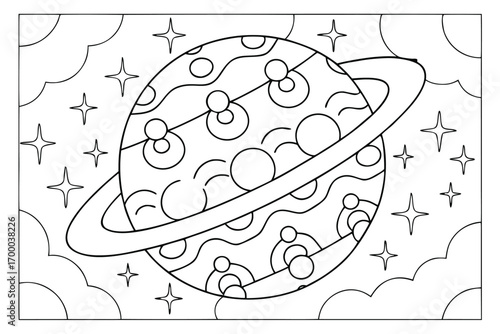 Ringed planet with swirling patterns and stars in an outline drawing Keywords: planet, ringed planet, Saturn, space, stars, clouds, cosmic, universe