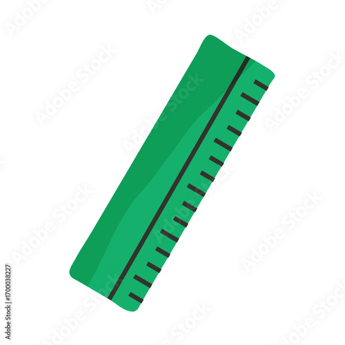 Green ruler with divisions school supplies, vector illustration on a white background.