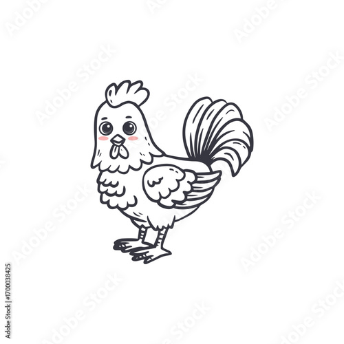 Cartoon rooster isolated on white background. Doodle illustration. Bird for Easter, decor, invitation, cards, food packaging cover design, advertising banner, postcard. Vector