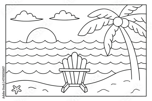 Single Adirondack chair on a sandy beach with a palm tree and sunset over the ocean, coloring page seating