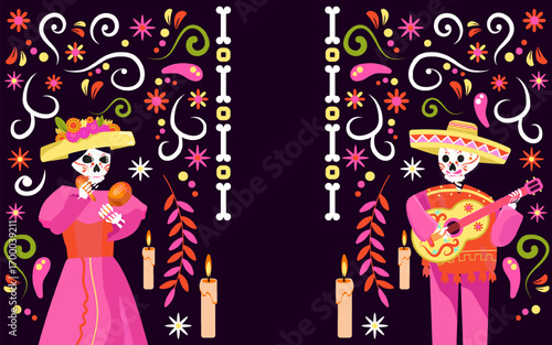 Mexiacan greeting banner day of the dead with colourful background