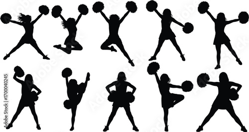 Cheerleader group dancing with pompom editable vector illustration icons. Silhouettes of dancing cheerleaders. Cheerleading icons