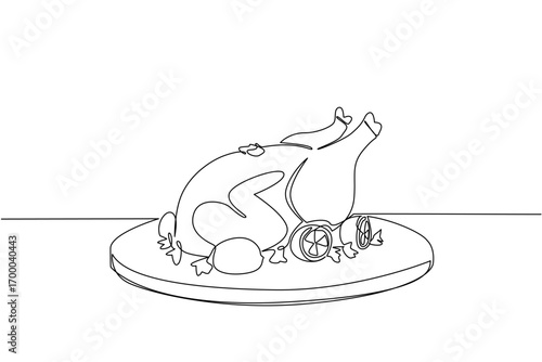 A single line drawing food concept for National Rotisserie Chicken Day, featuring a roasted chicken on a serving platter with garnishes, celebrating flavorful meals and culinary traditions.