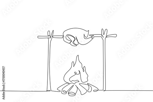 A continuous line drawing food concept for National Rotisserie Chicken Day, showing a chicken roasting over an open fire, representing rustic cooking and traditional outdoor cuisine.