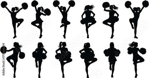 Cheerleader group dancing with pompom editable vector illustration icons. Silhouettes of dancing cheerleaders. Cheerleading icons