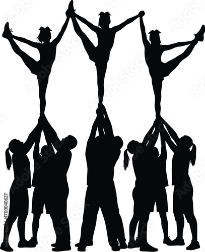 Cheerleader group dancing with pompom editable vector illustration icons. Silhouettes of dancing cheerleaders. Cheerleading icons