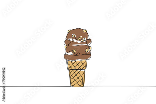 A continuous line drawing of a waffle cone filled with rocky road ice cream scoops, symbolizing indulgent dessert pleasure for the sweet food celebration of National Rocky Road Day.