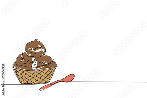 A continuous line drawing of a large waffle bowl of rocky road ice cream scoops with toppings, designed as a dessert food concept for the sweet celebration of National Rocky Road Day.