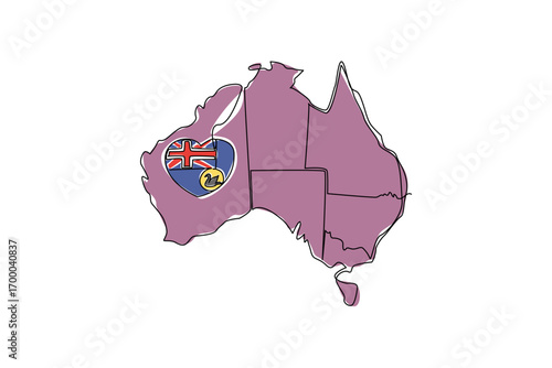 One line drawing map of Australia with Western Australia highlighted in purple and adorned with the state flag heart. Map illustration, geography concept.