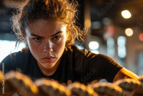 Focused young woman with curly hair and intense expression performing high intensity workout in gym with warm lighting and blurred background
