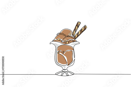 A one line drawing of a glass sundae cup filled with rocky road ice cream topped with wafer sticks, created as a dessert food concept for National Rocky Road Day celebration event.