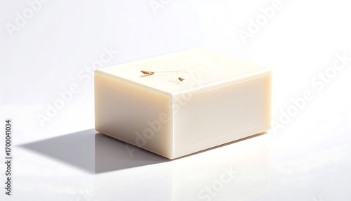 A pristine, rectangular bar of soap, displayed against a bright white background, showcasing its smooth, creamy texture and subtle, decorative elements.
