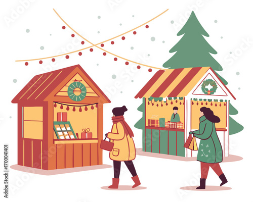 Christmas winter market with decorated stalls,  vector illustration