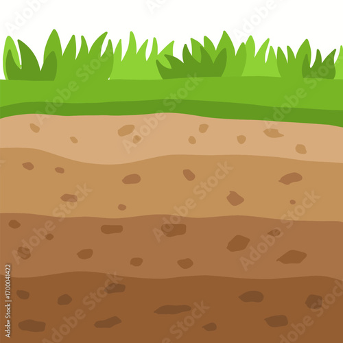 Soil Layers cross section vector illustration. Hand drawn green grass and brown soil layers icon