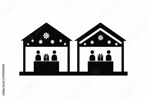 Christmas winter market with decorated stalls,  silhouette vector illustration