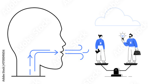 Human head with outbound arrows symbolizes speech and expression, balanced scales with two individuals sharing ideas. Ideal for teamwork, communication, balance, collaboration, equality, leadership